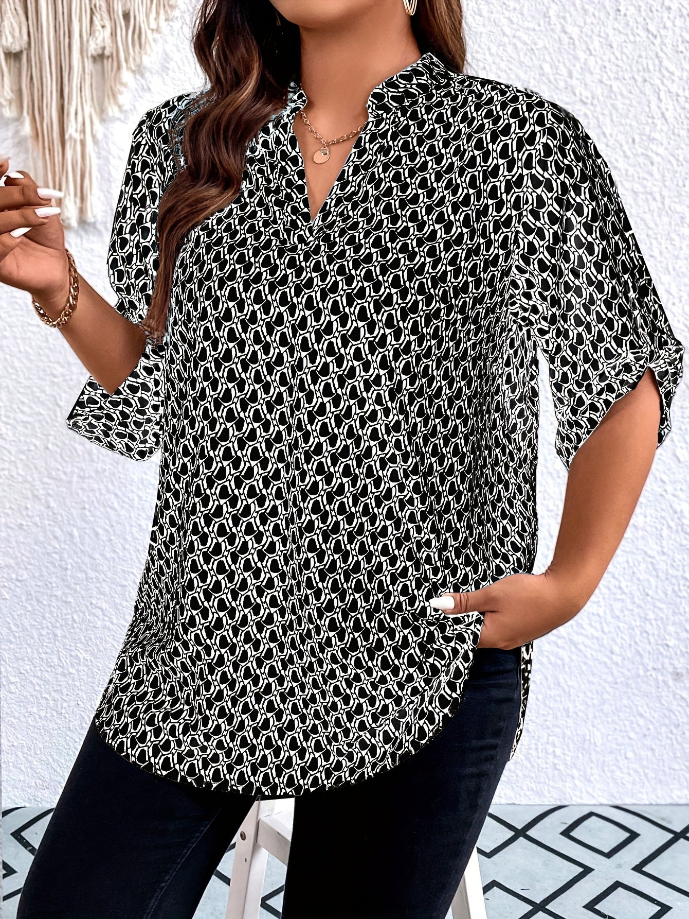 Plus Size Women's Allover Print Roll Up Sleeve Notched Neck Tunic Top Casual Blouse