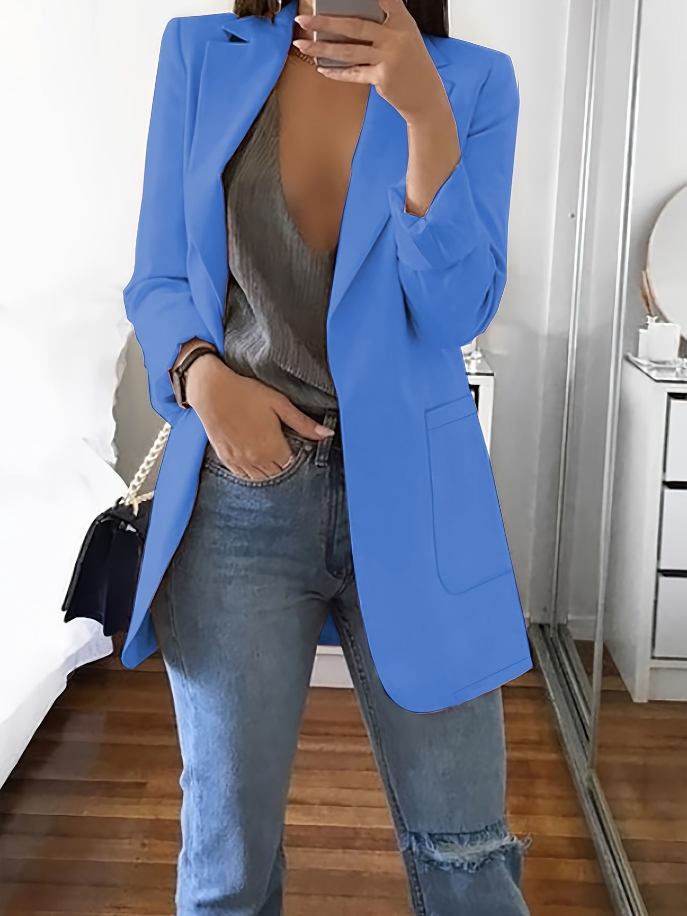 Solid Open Front Blazer, Elegant Lapel Long Sleeve Blazer.
