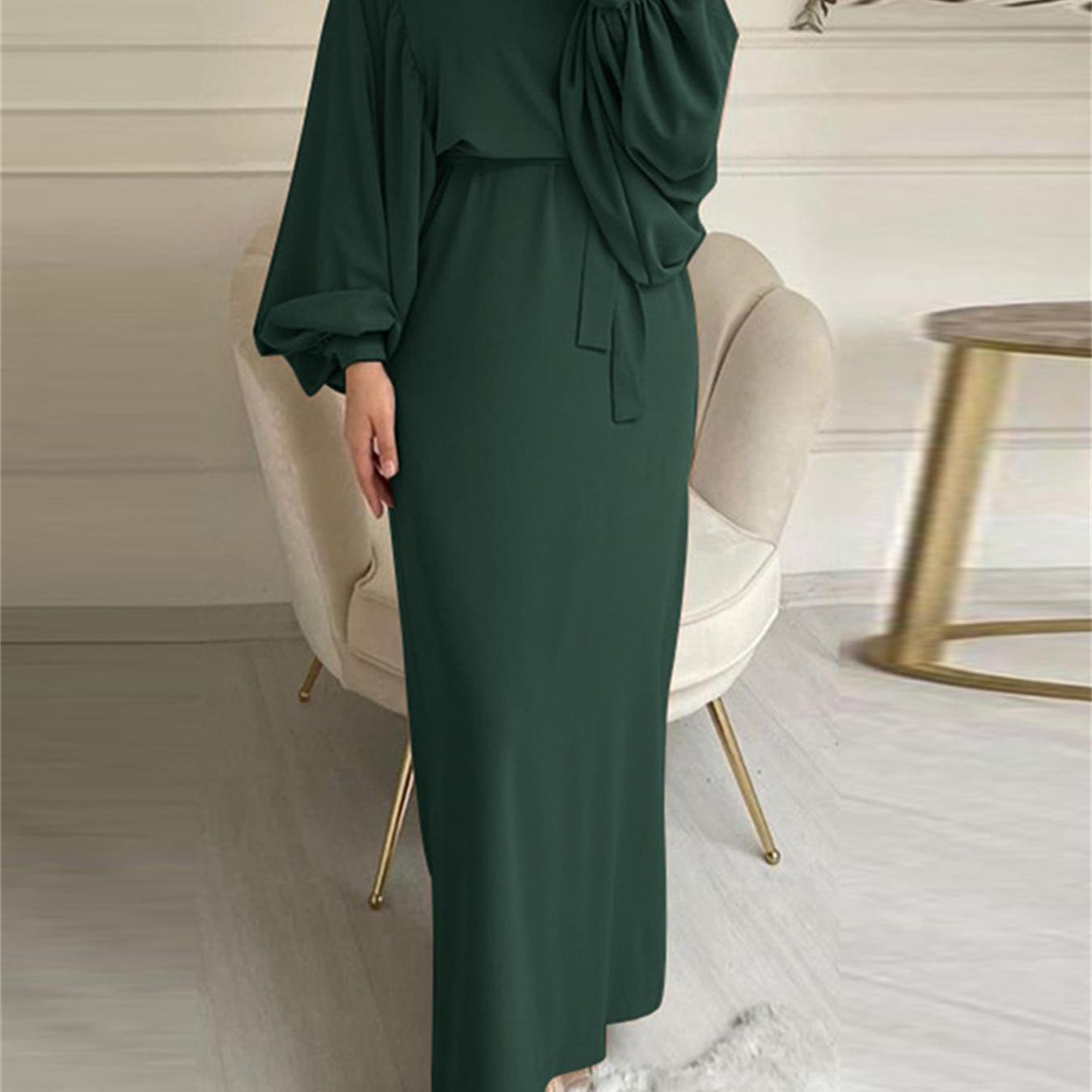Lantern Sleeve Tie Waist Abaya, Elegant Crew Neck Dress, Women's Clothing./MH