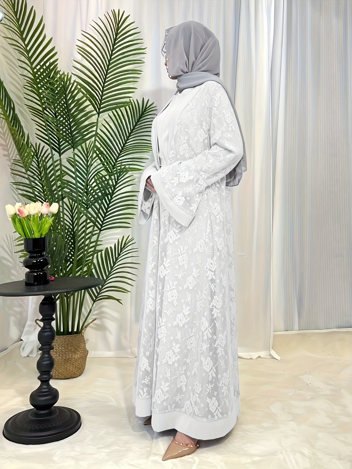 Cultural Grace, Elegant Light Blue Floral Abaya Set - /MH