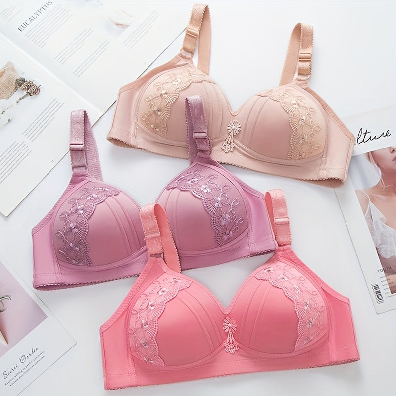 Women'S Floral Push-Up Bra - Sexy Lingerie with Rhinestone Details, /MH