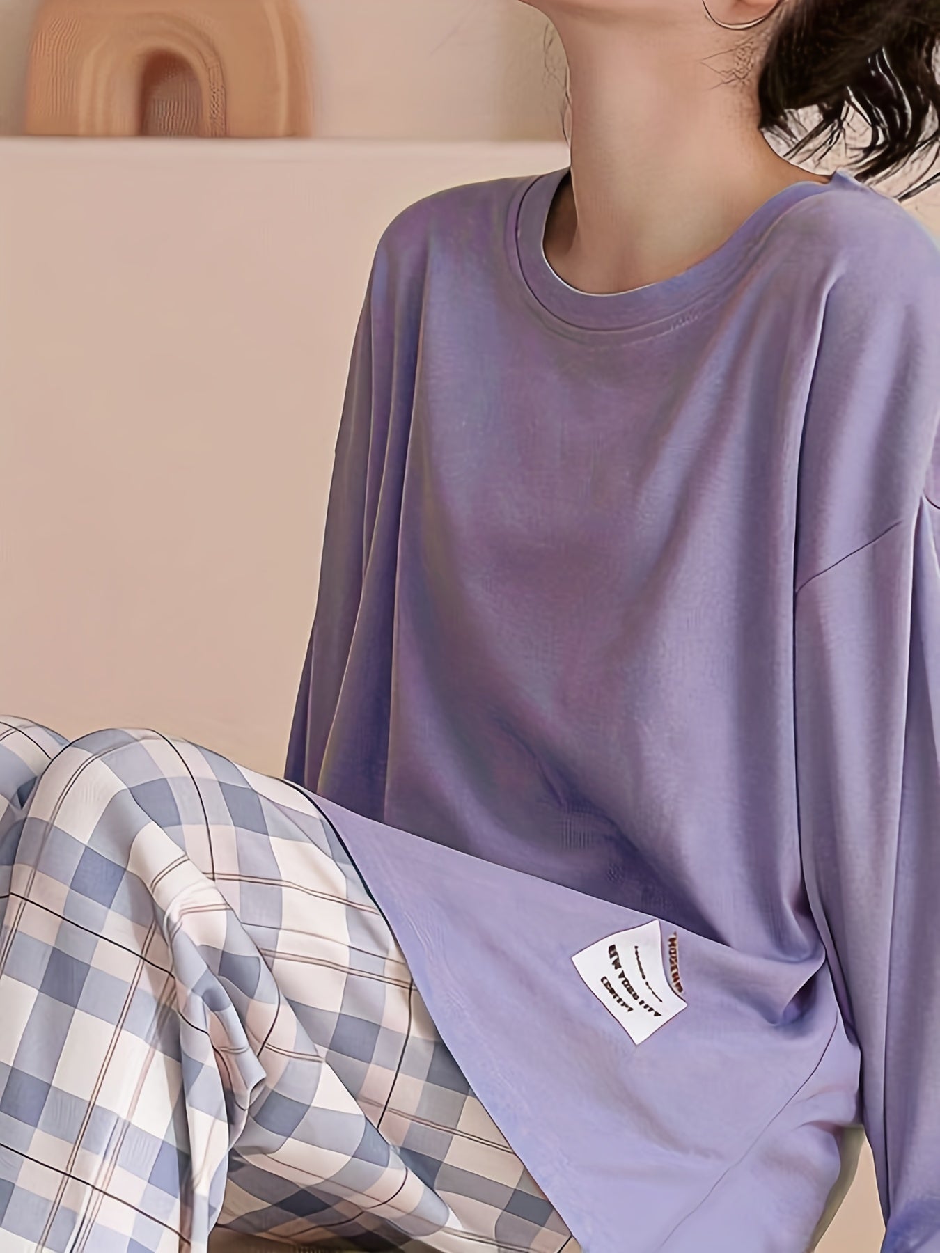 Plaid Print Crew Neck Pajamas Set,