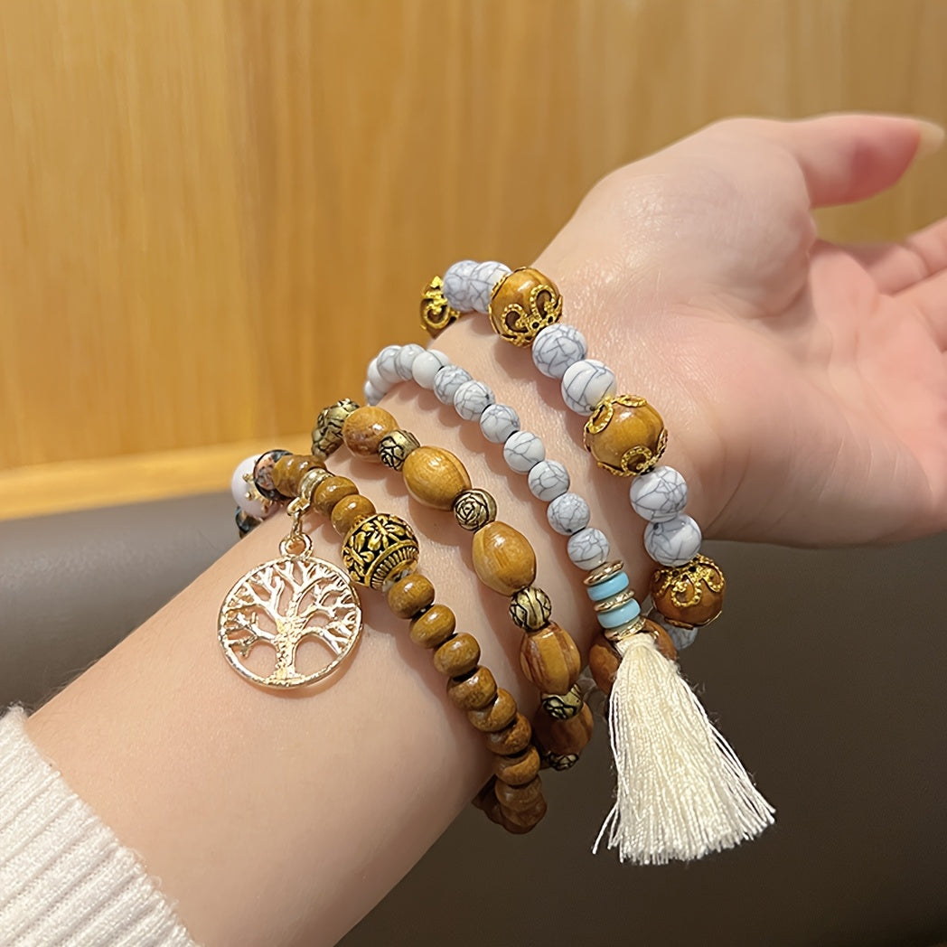 4pcs/set Tree Of Life Pendant Multilayer Beaded Bracelet Round Bead Wooden Bead Bracelet Bohemian Ethnic Jewelry Accessories Handmade -A Stylish Accessory, Father's Day Gift