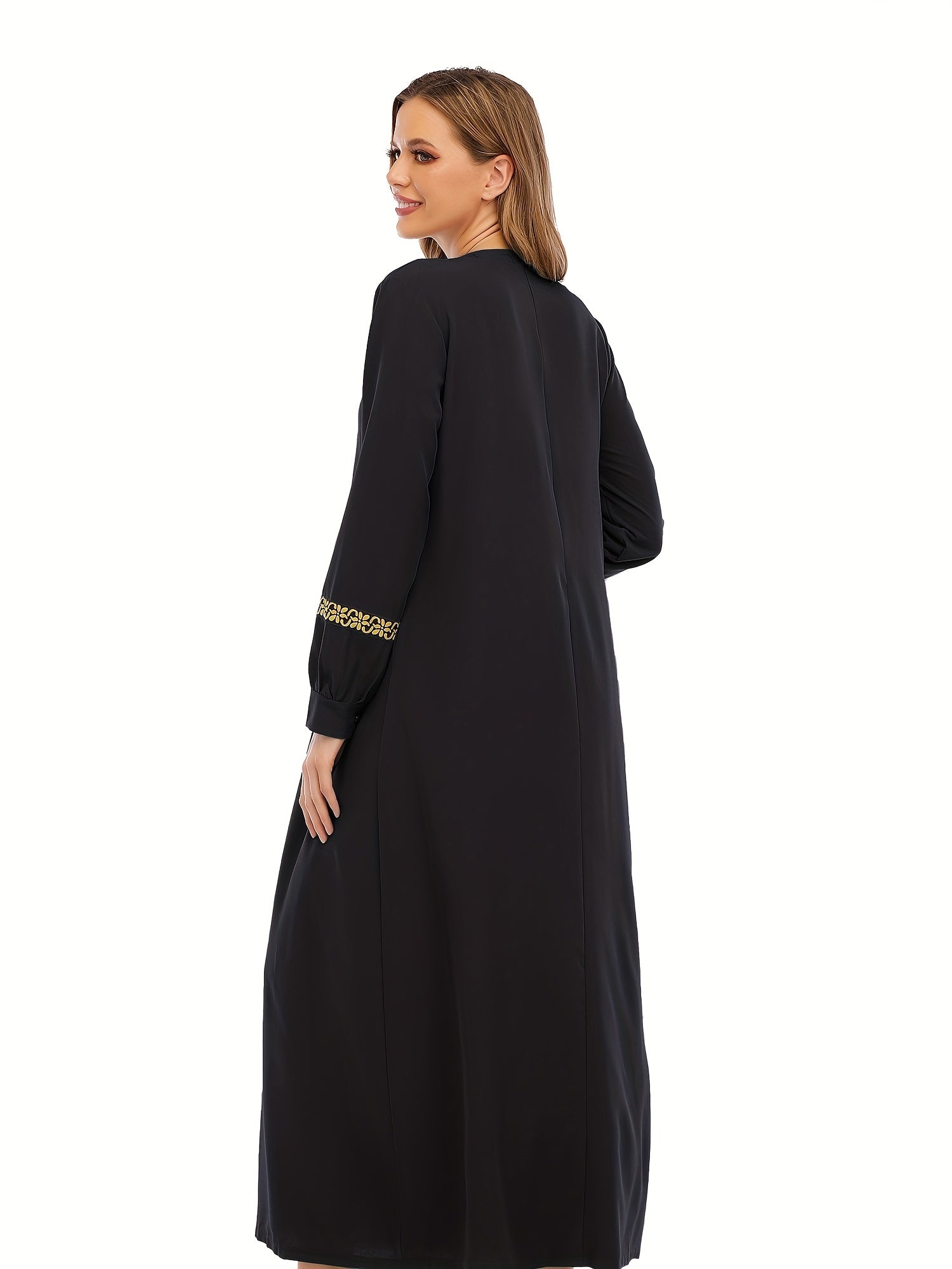 Contrast Trim Kaftan, Elegant Long Sleeve Maxi Length Dress, /MH