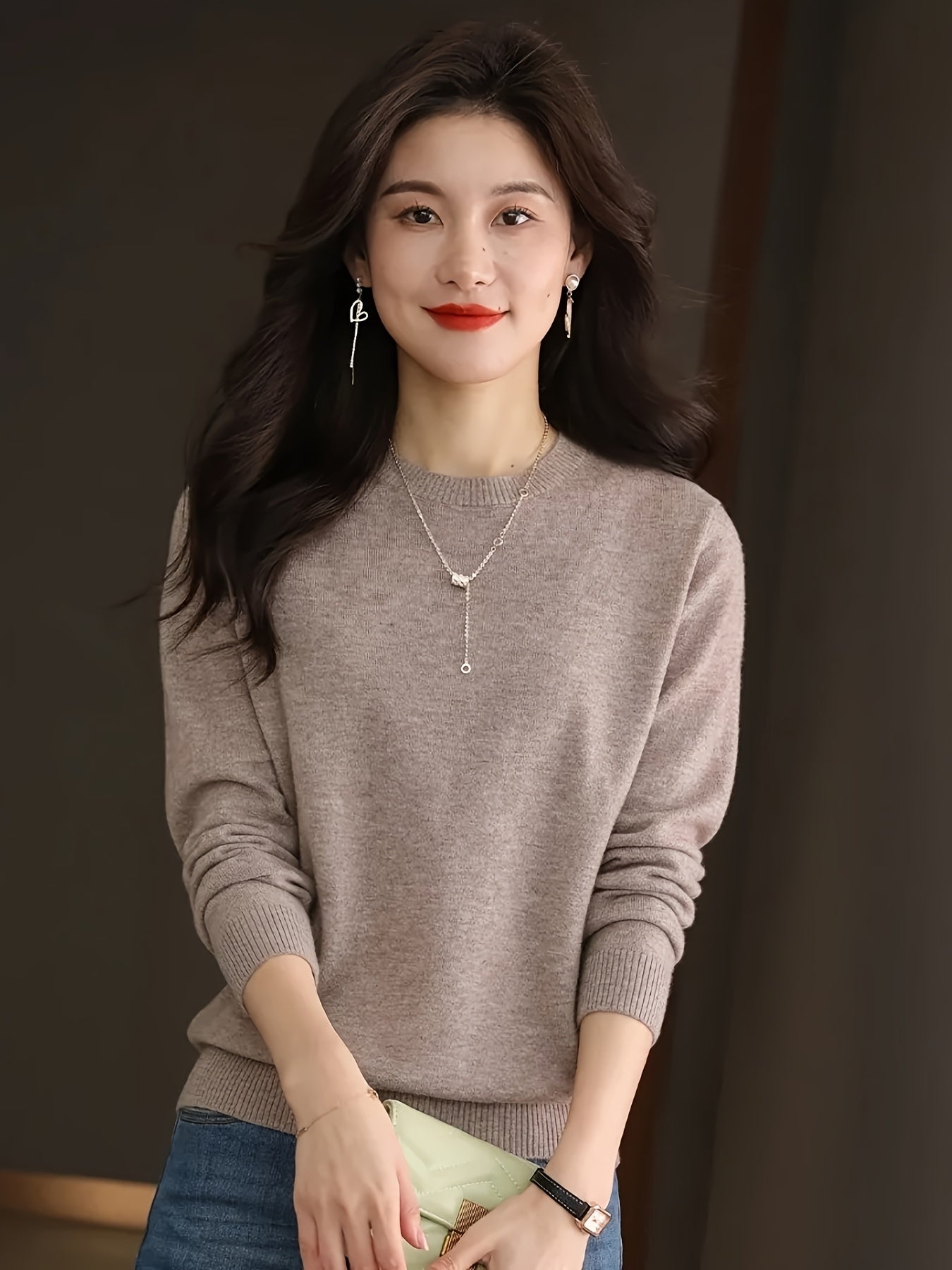 1pc Women'S 100% Wool Crew Neck Long Sleeve Knit Sweater,