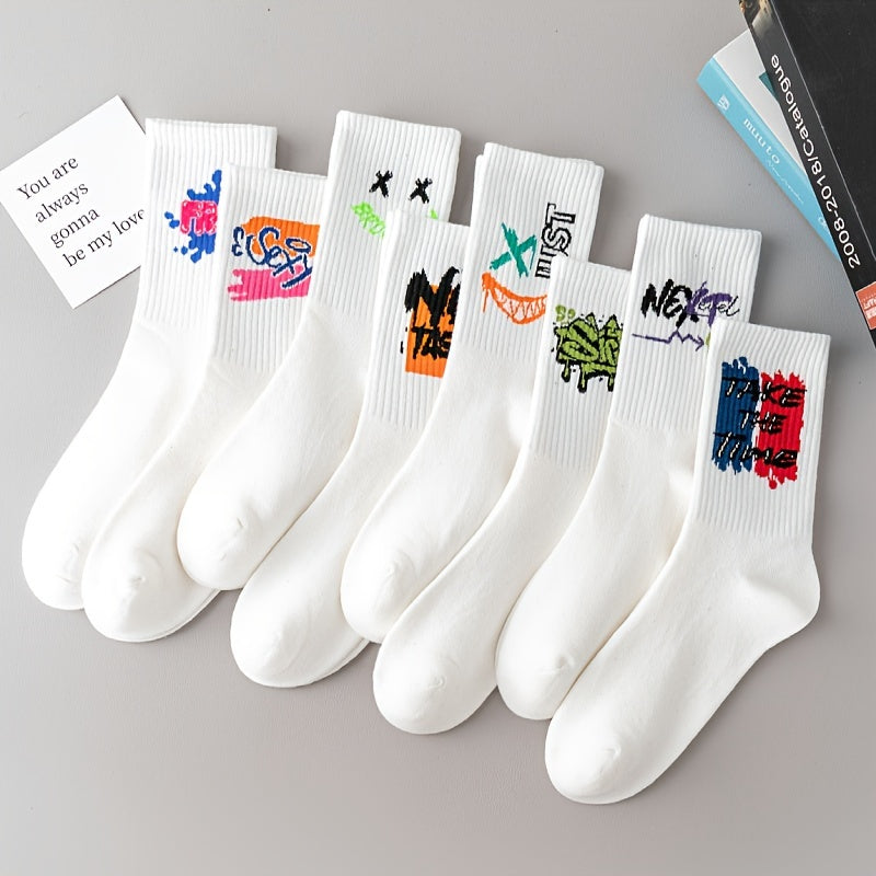 10 Pairs Graffiti Print Socks, Street Style Soft Unisex Mid Tube Socks./MH