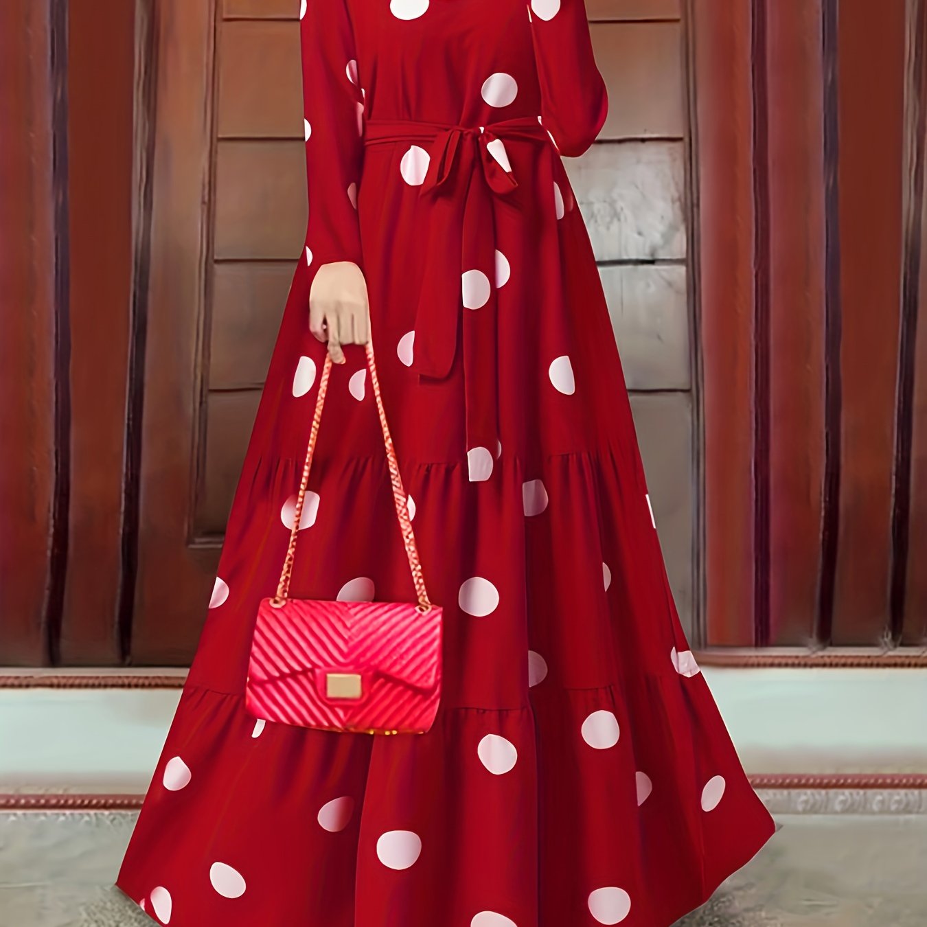 Polka Dot Print Kaftan Dress, Casual Long Sleeve 'MH