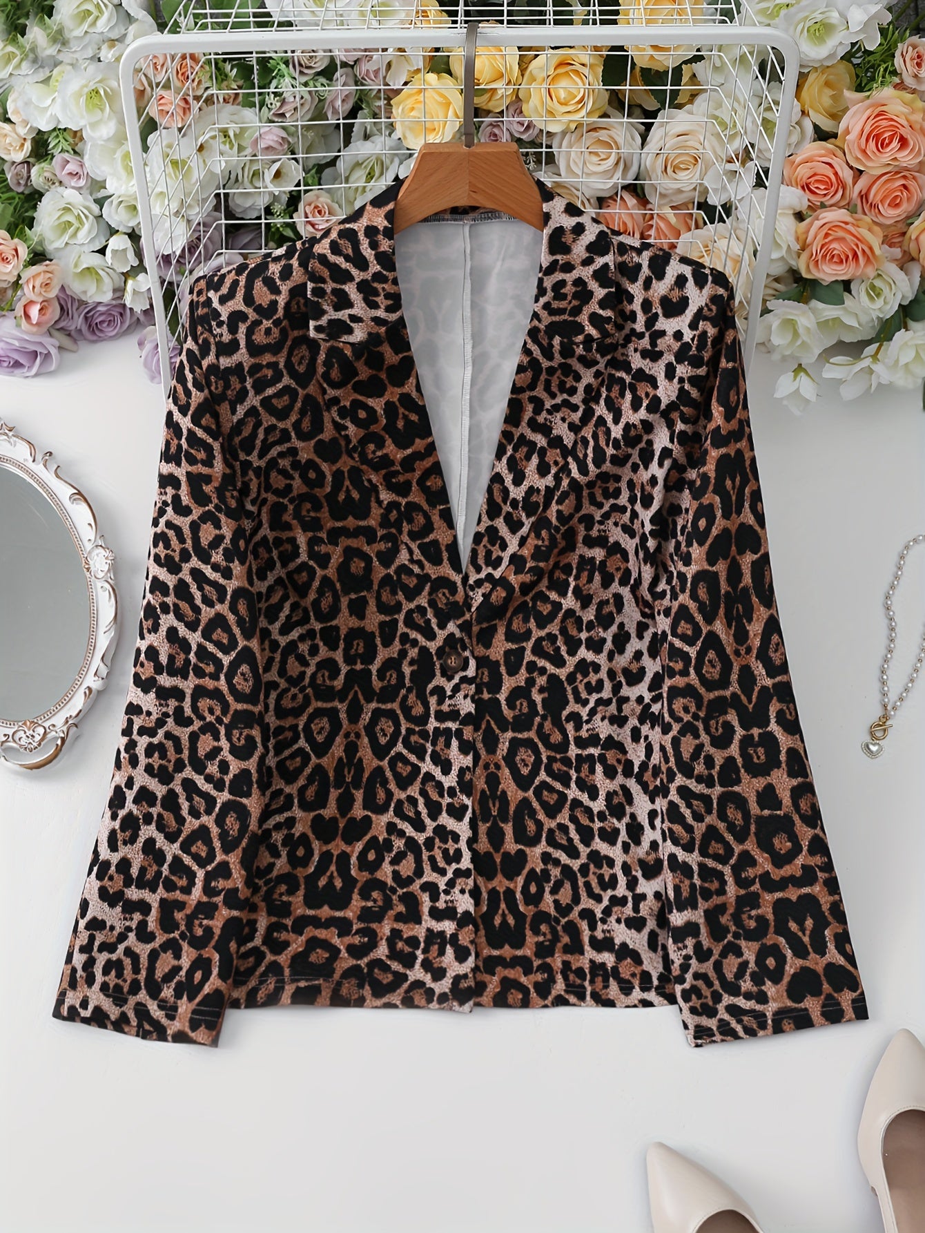 Leopard Print Open Front Blazer, Elegant Lapel Long Sleeve Blazer .