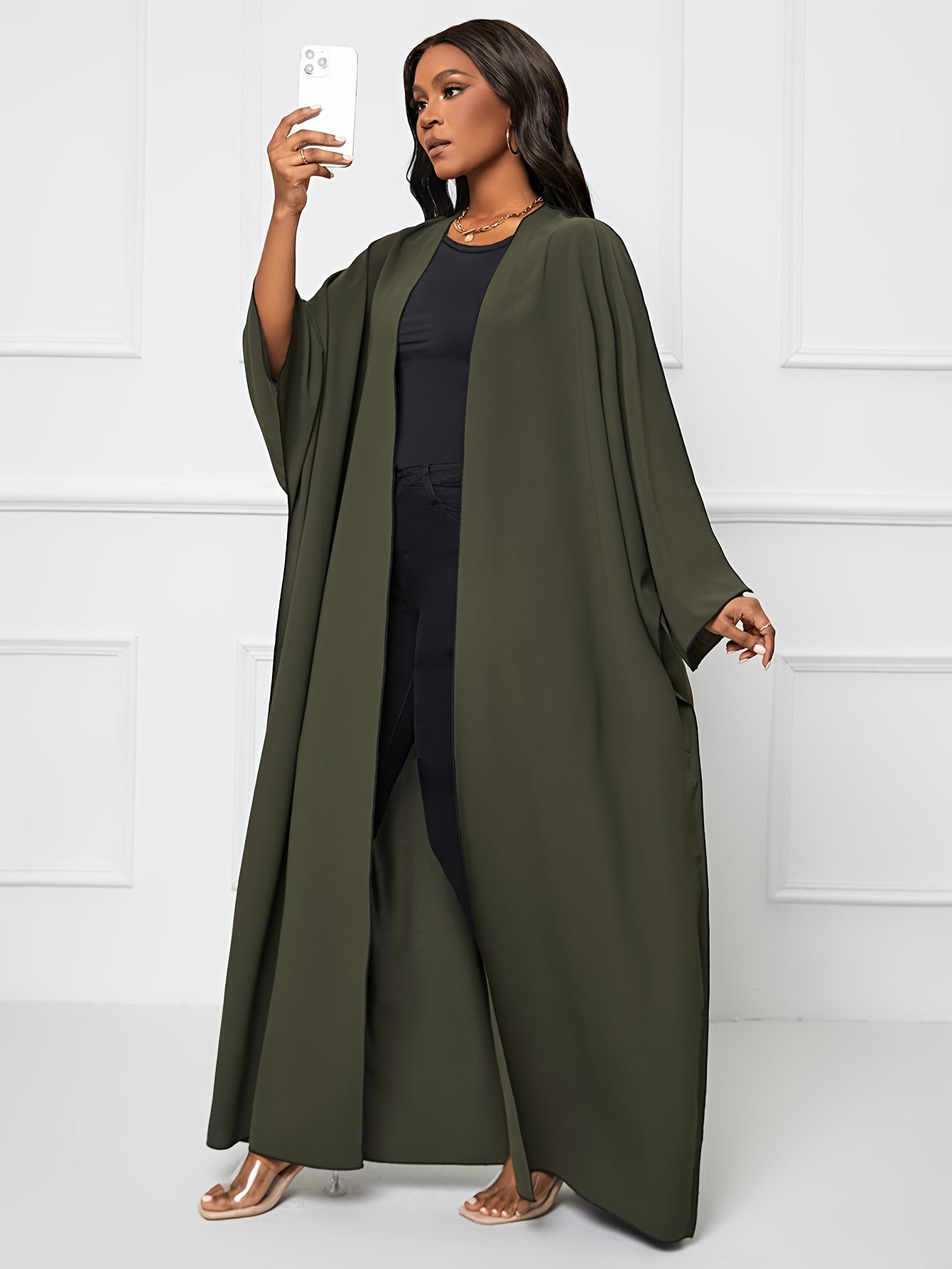 Solid Crew Neck Long Sleeve Kaftan Dress, /MH