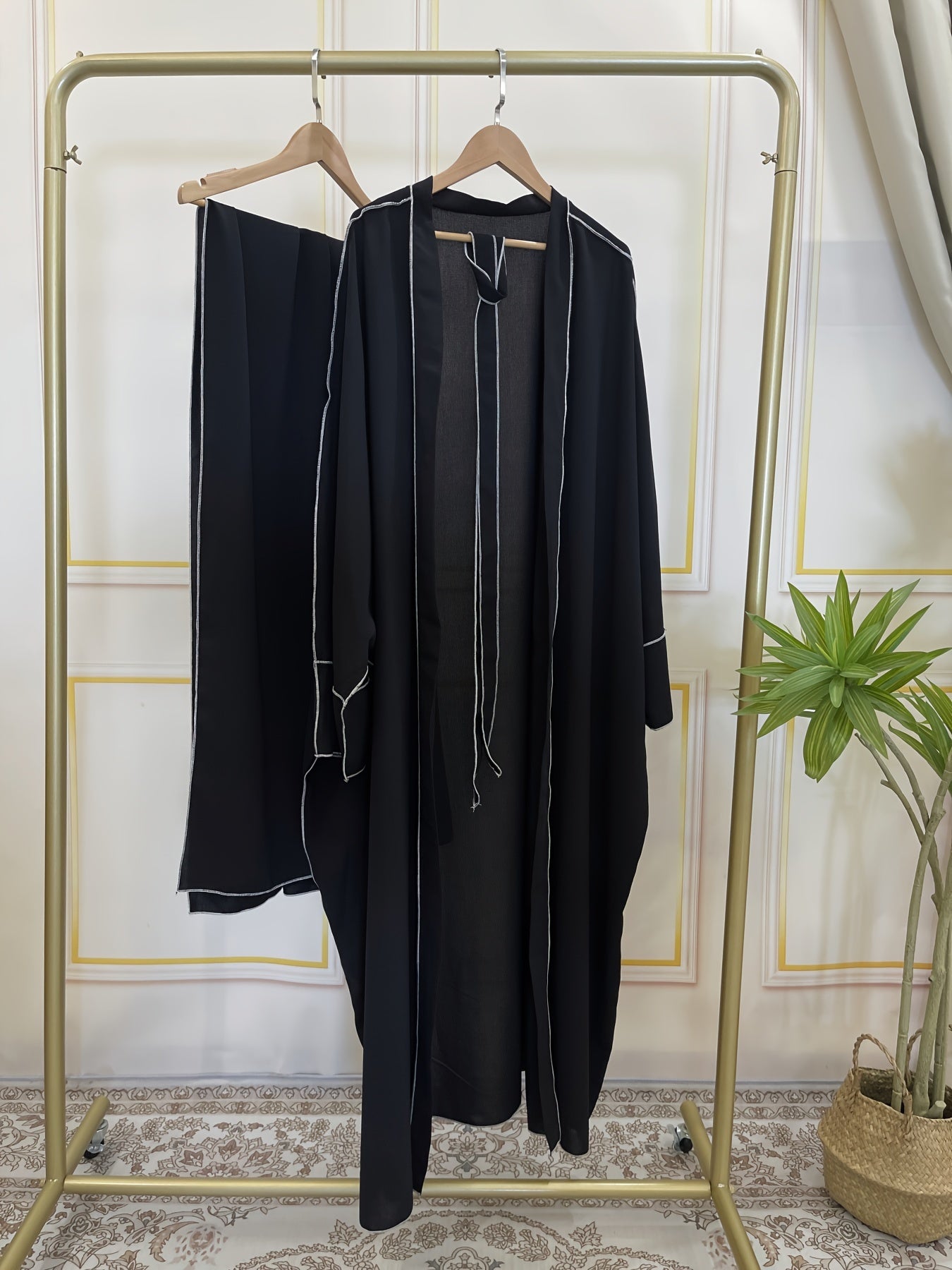 Elegant Contrast Trim Two-piece Set, Open Fron& Khimar Hijab,/MH
