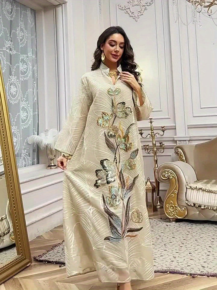 Elegant Women'S Sequin Mesh Kaftan Dress - Long Sleeve,/MH