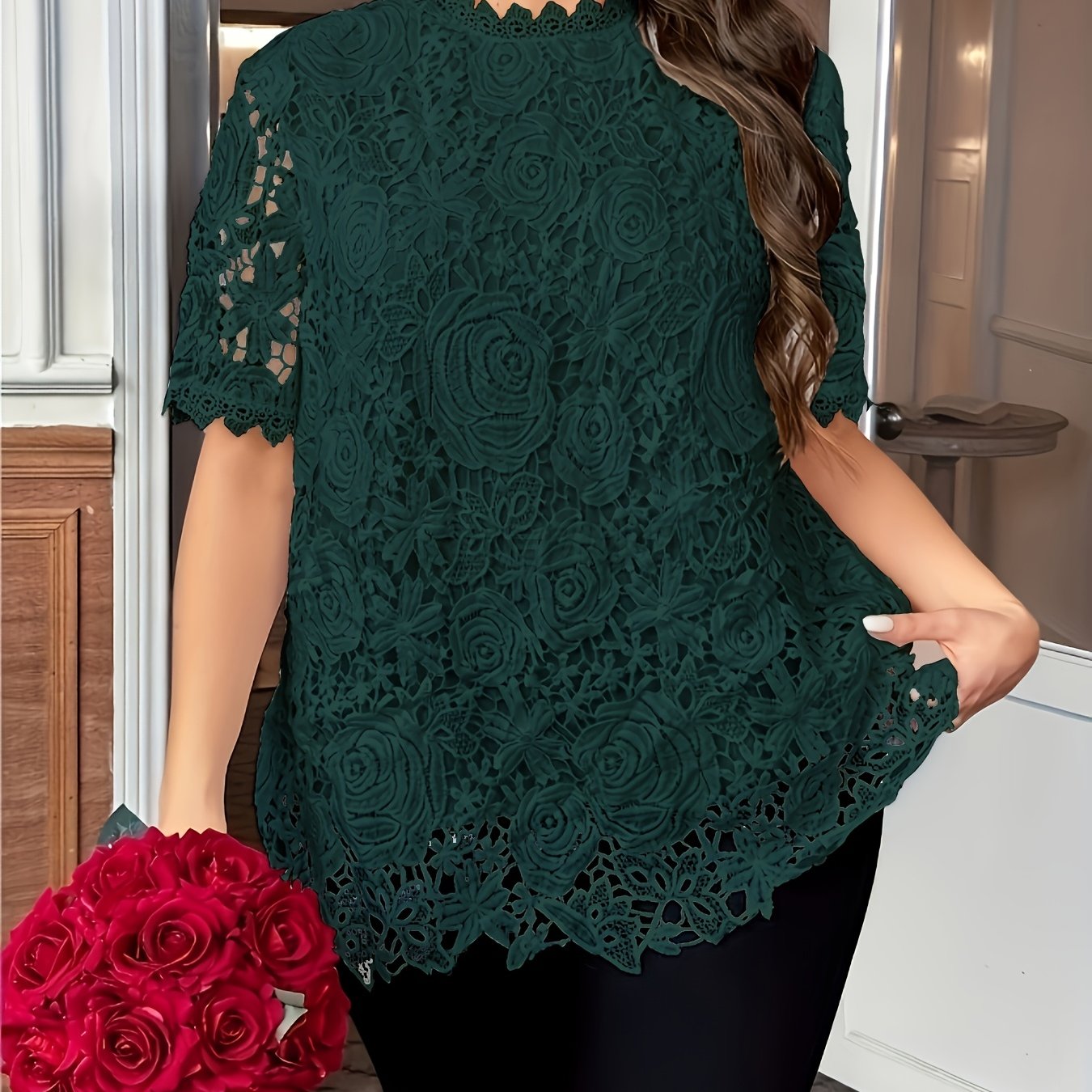 [Elegant Blouse] Elegant Green Lace Plus Size Blouse for Women |