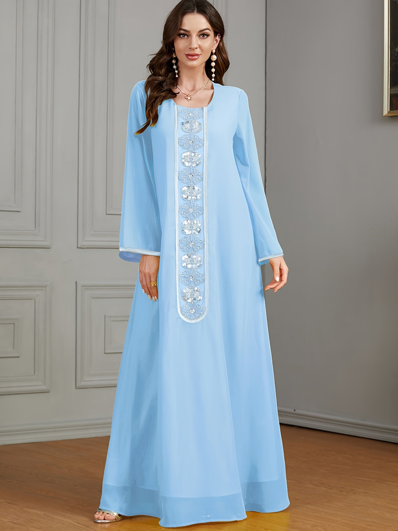 Embroidered Crew Neck Kaftan Dress, Elegant Long Sleeve women fashion '/MH