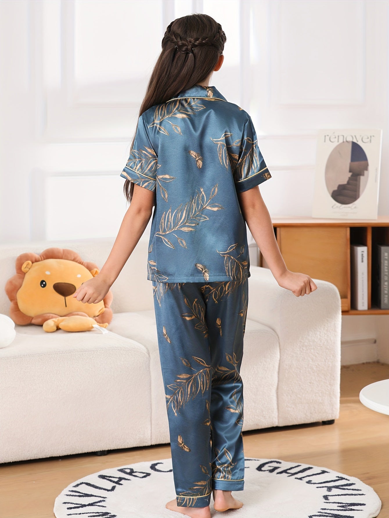3pcs Kids Pajamas Set, Girls Ice Silk Thin Short Sleeve Shorts .