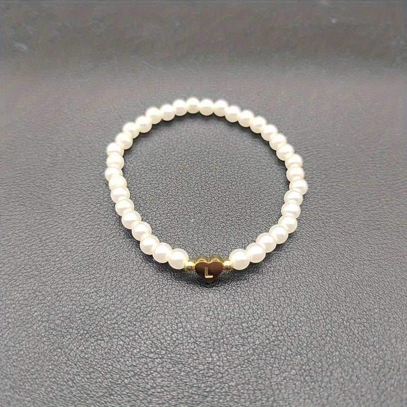 1pc Classic Initial A-Z Lettering Heart Faux Pearl Beaded Bracelet, Elegant Party Jewelry Birthday Gift For Teen Girls