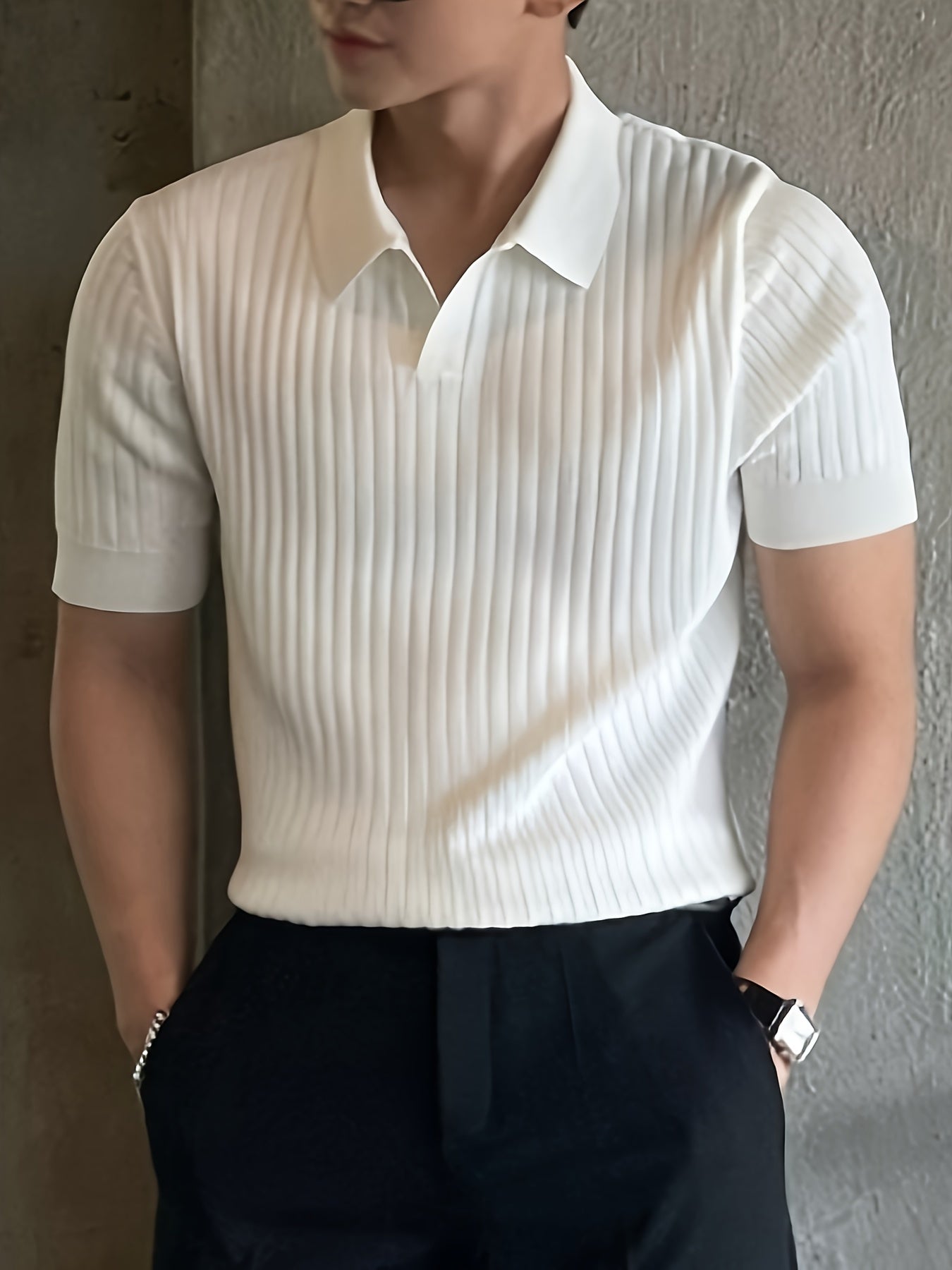 Men's Stripe Pattern Sweater, Casual Breathable Medium Stretch .