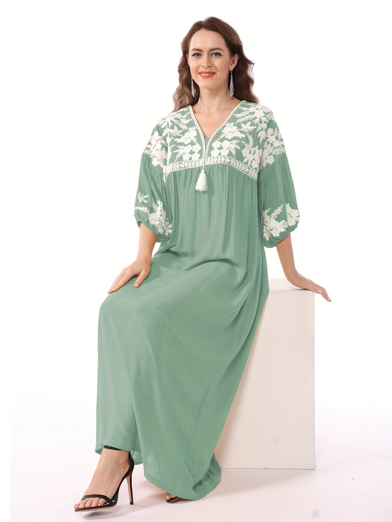 Themed Green Dress with White Floral Embroidery - ./MH