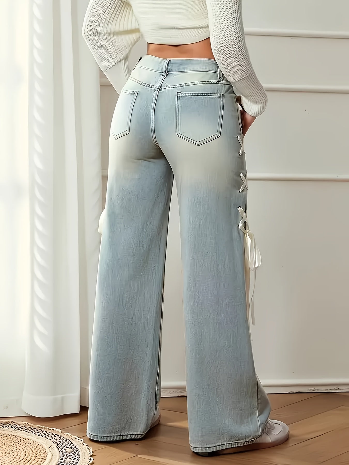 Side Bow Tie Straight-Leg Casual Jeans for Women