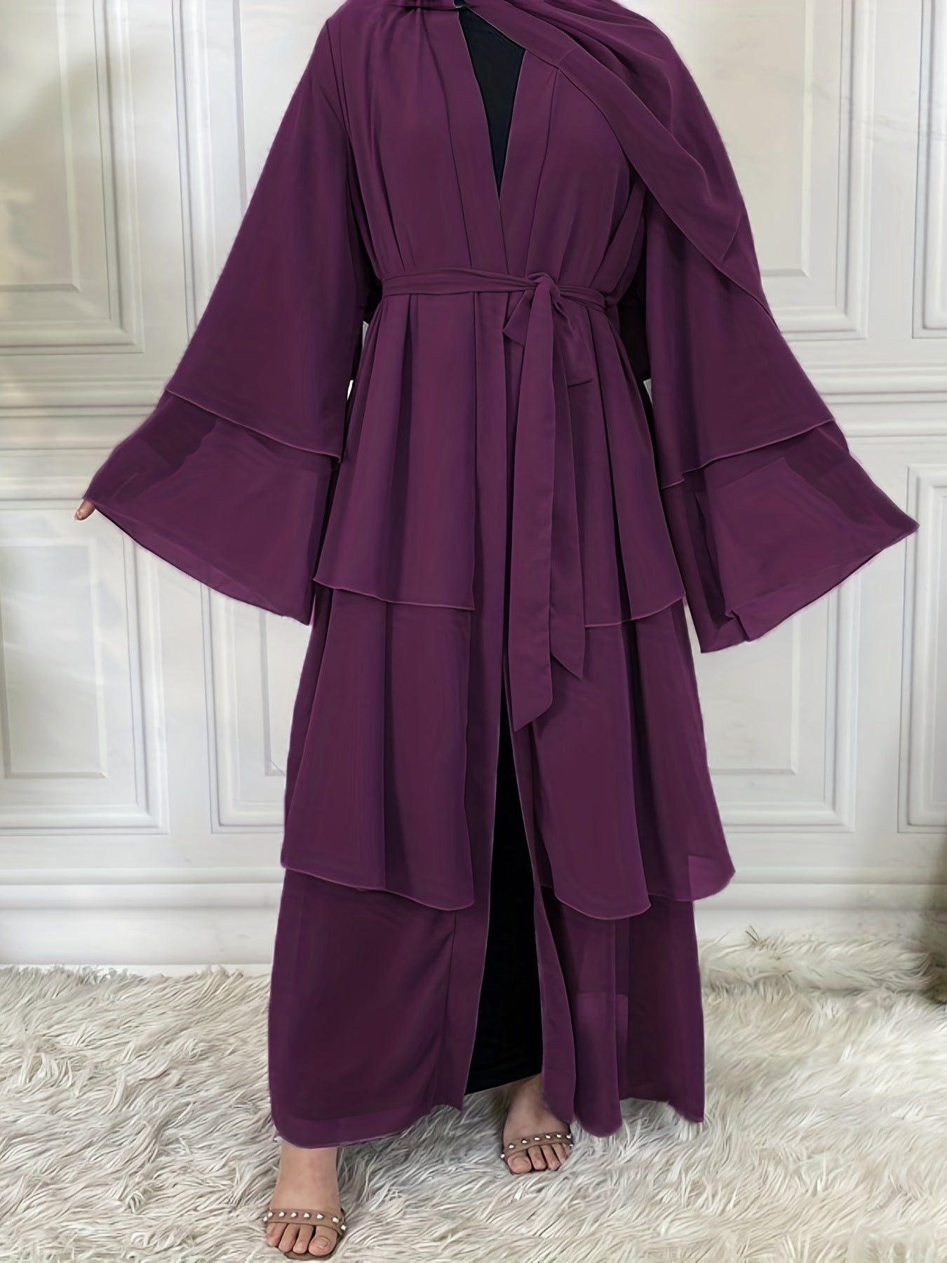 Layered Open Front Modest Dress, Long Sleeve Muslim Dress'/MH