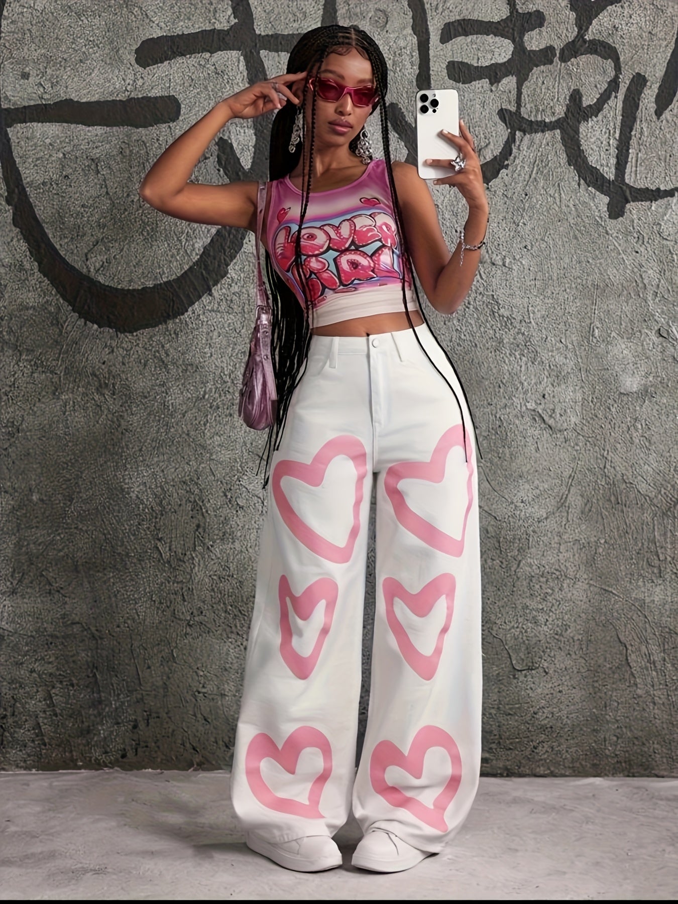 One Pair of Stylish Heart-Printed Women's Straight-Leg Pants