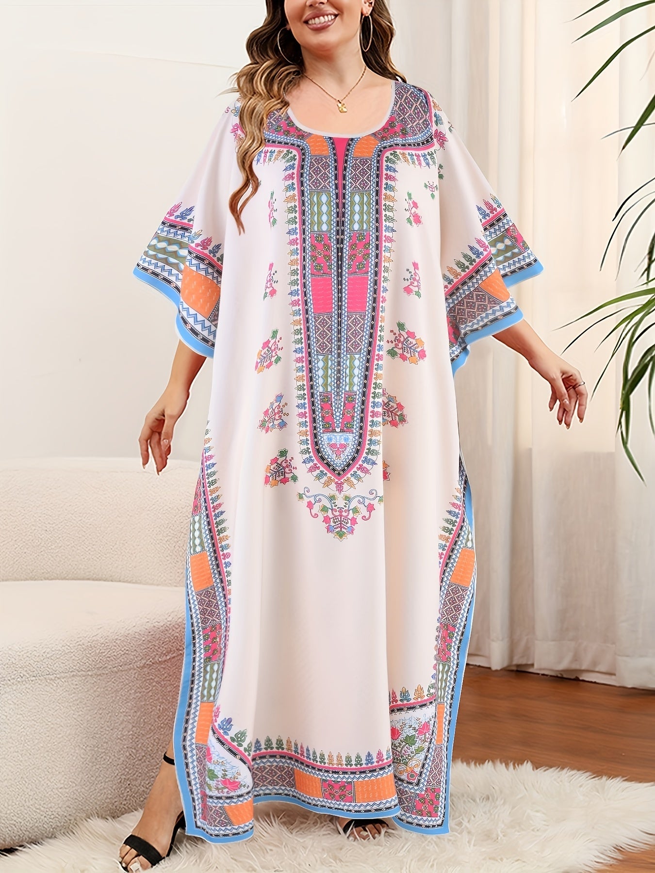 [Tribal Print, Plus Size Abaya] Elegant Plus Size Kaftan Abaya Dress -/MH