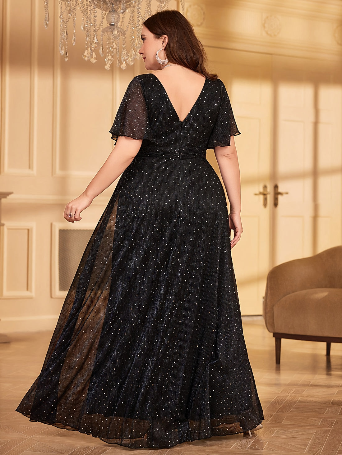 Elegant Long Party Evening Dress with a V-Neck, Ruffled Sleeves, /MH