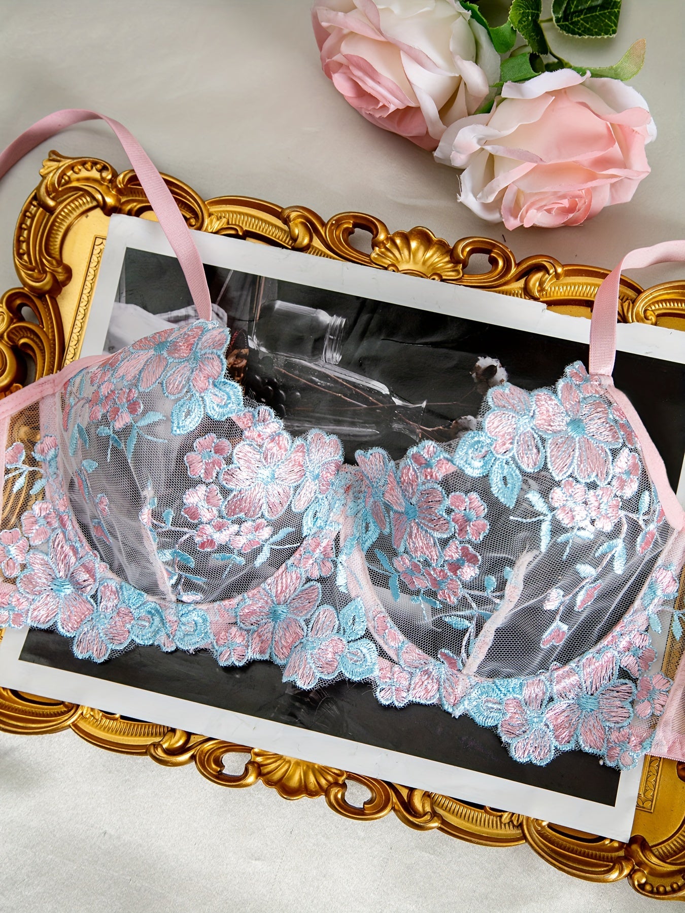Sexy Lingerie Set, Floral Embroidery Mesh Cami Bra & Panties,/MH