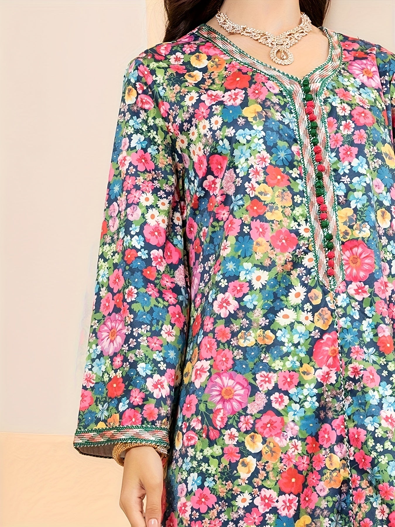 Floral Print V Neck Kaftan, Elegant Long Sleeve Maxi Dress, / MH
