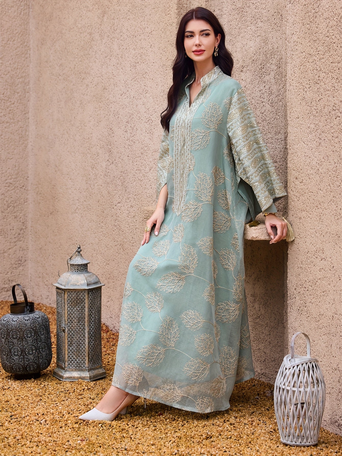 Elegant Light Blue Embroidered Kaftan Dress - V-Neck, Bell Sleeves,/MH