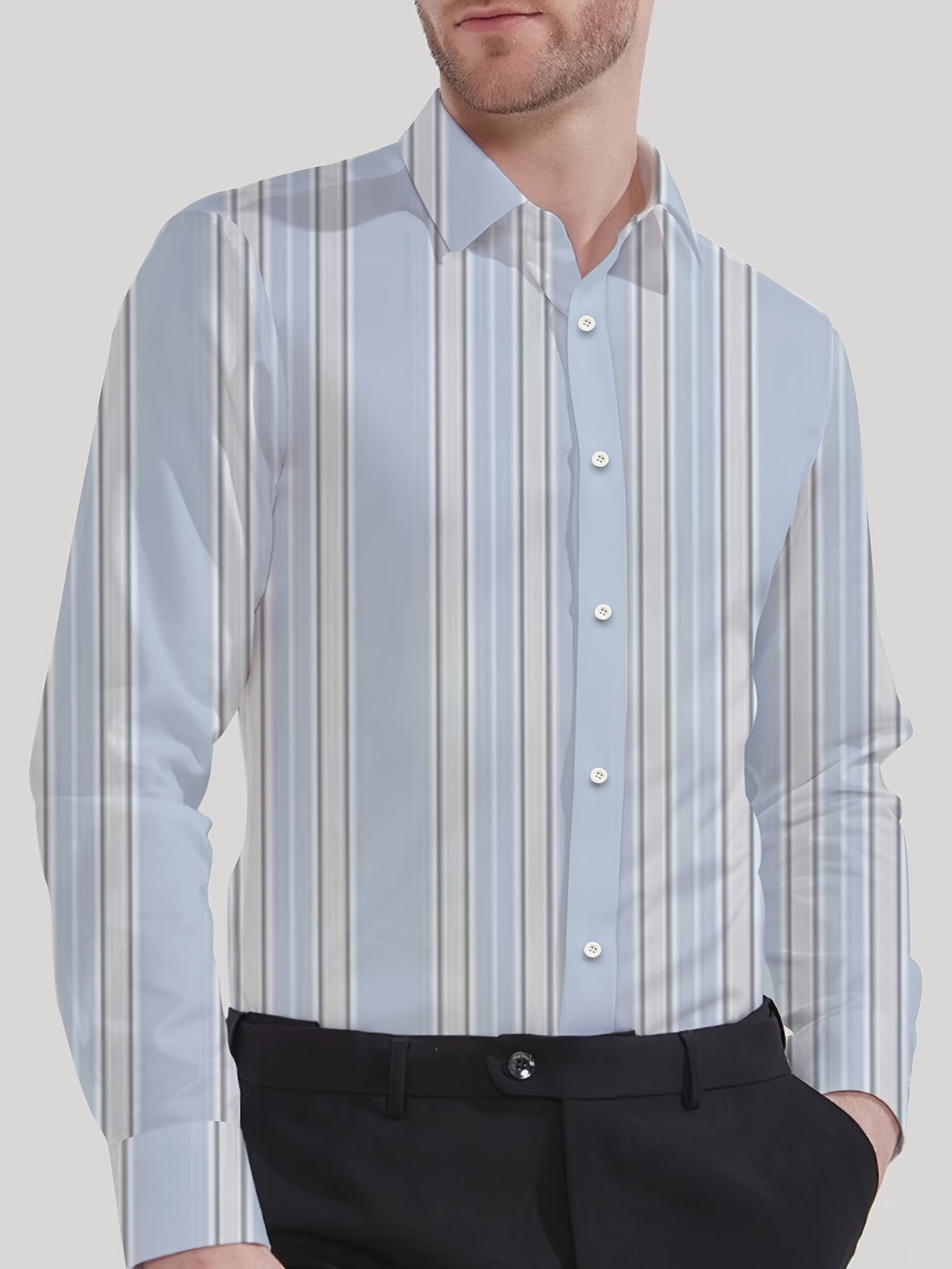 Men's Striped Lapel Collar Dress Shirts, Long Sleeve .