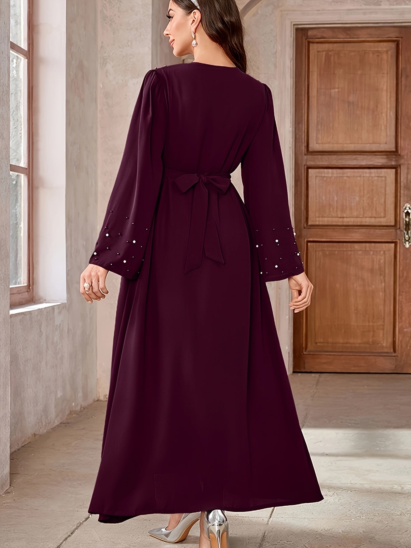 Elegant Pearl Embellished Burgundy Abaya./MH