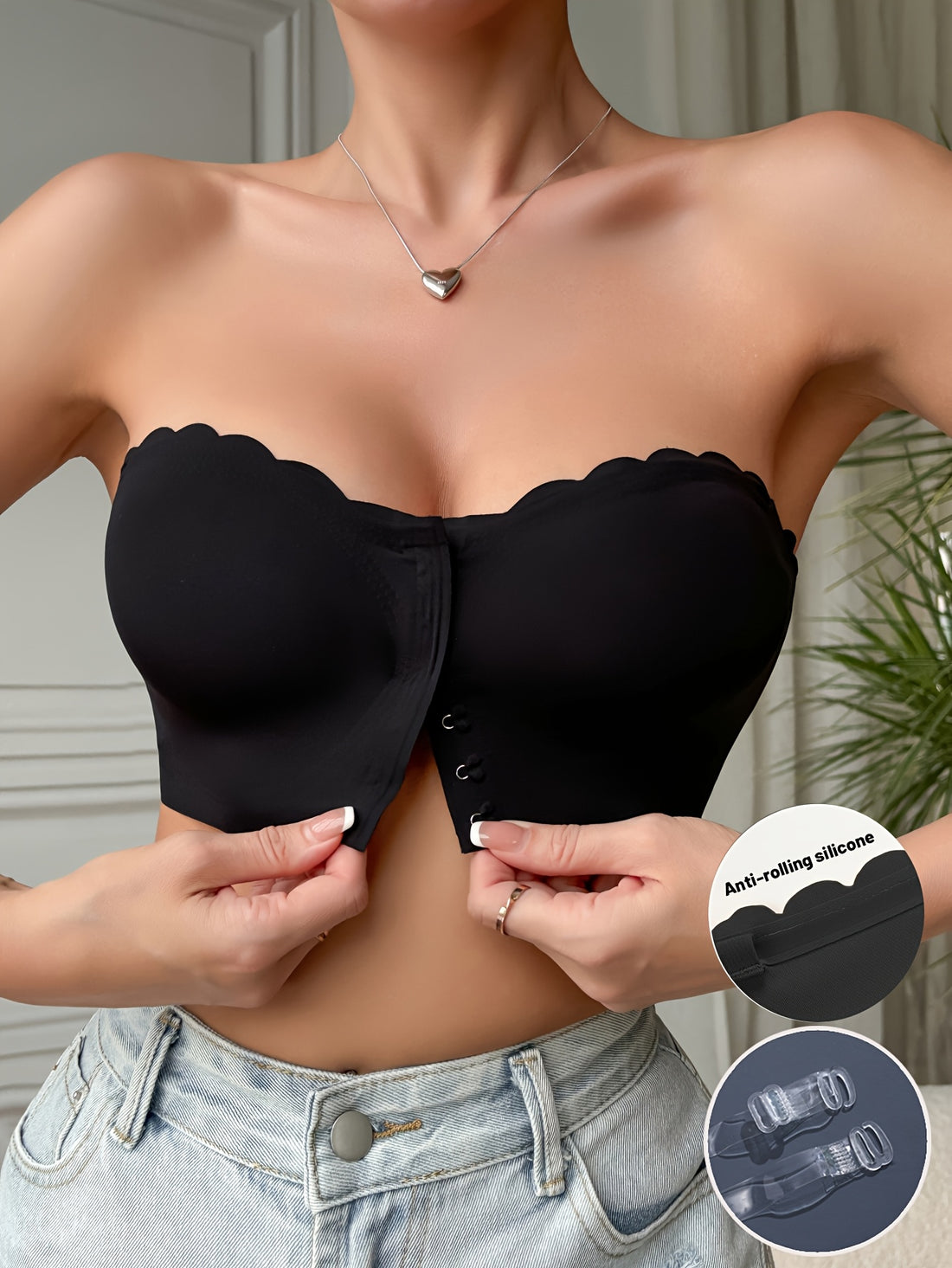 Solid Seamless Strapless Front Closure Wireless Strapless Bra,/MH