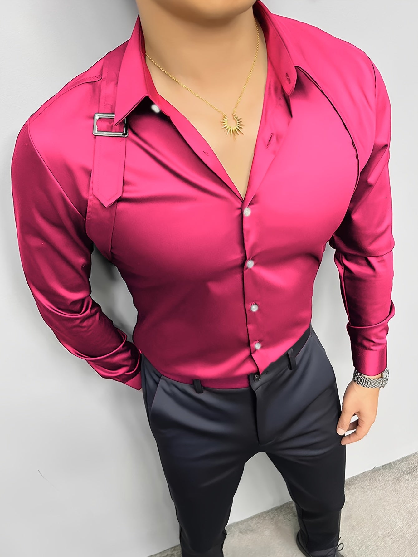 Men's Casual Dress Shirts Skinny Fit Solid Color Long Sleeve .