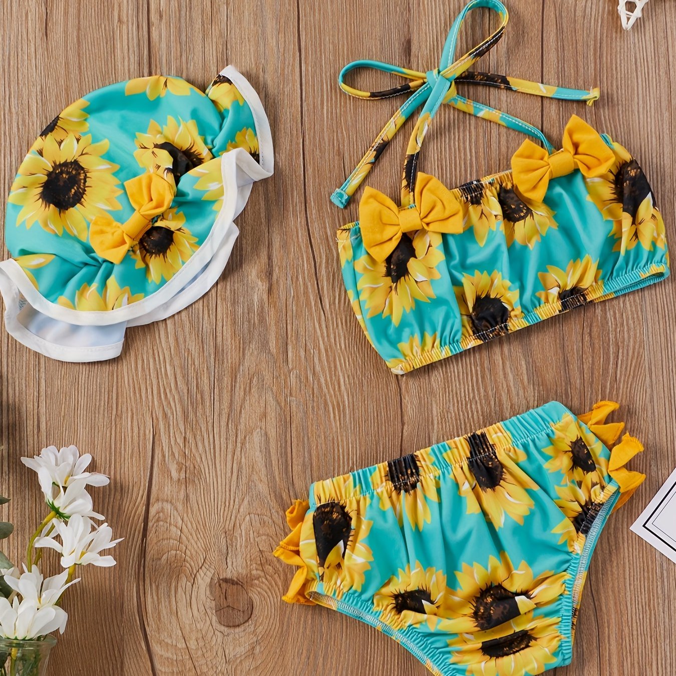 3pcs Baby Girls Bikini Tankini Swimsuit Sunflower Graphic Bow .