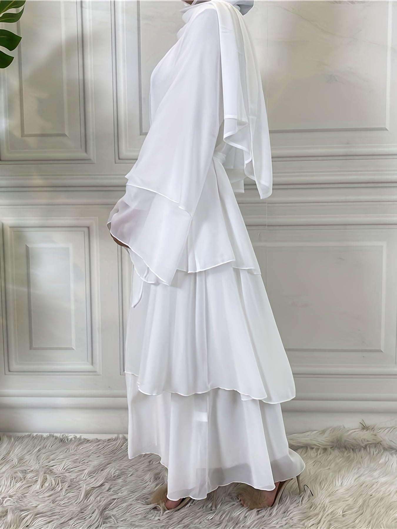 Layered Open Front Modest Dress, Long Sleeve Muslim Dress'/MH
