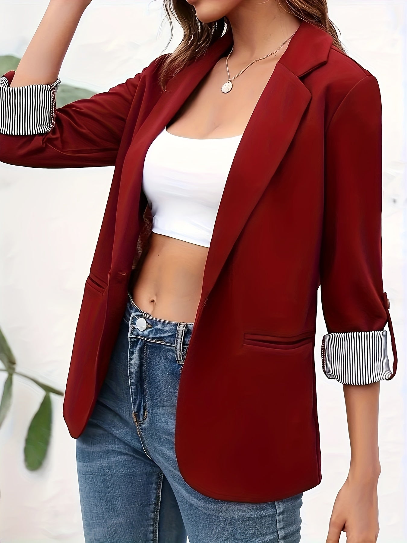 Solid Color Open Front Blazer, Elegant Lapel Neck Single Button.