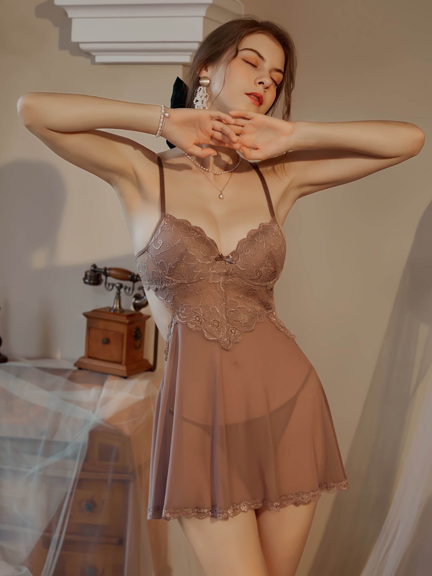 Hot Contrast Lace Dress, V Neck Backless Hollow Out Babydoll, /MH