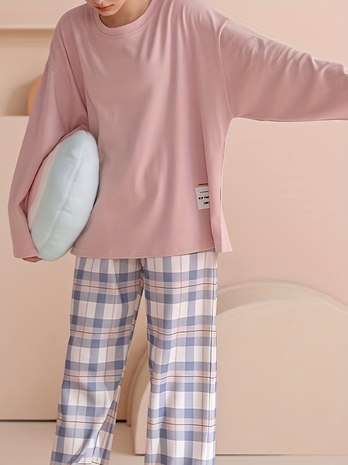 Plaid Print Crew Neck Pajamas Set,