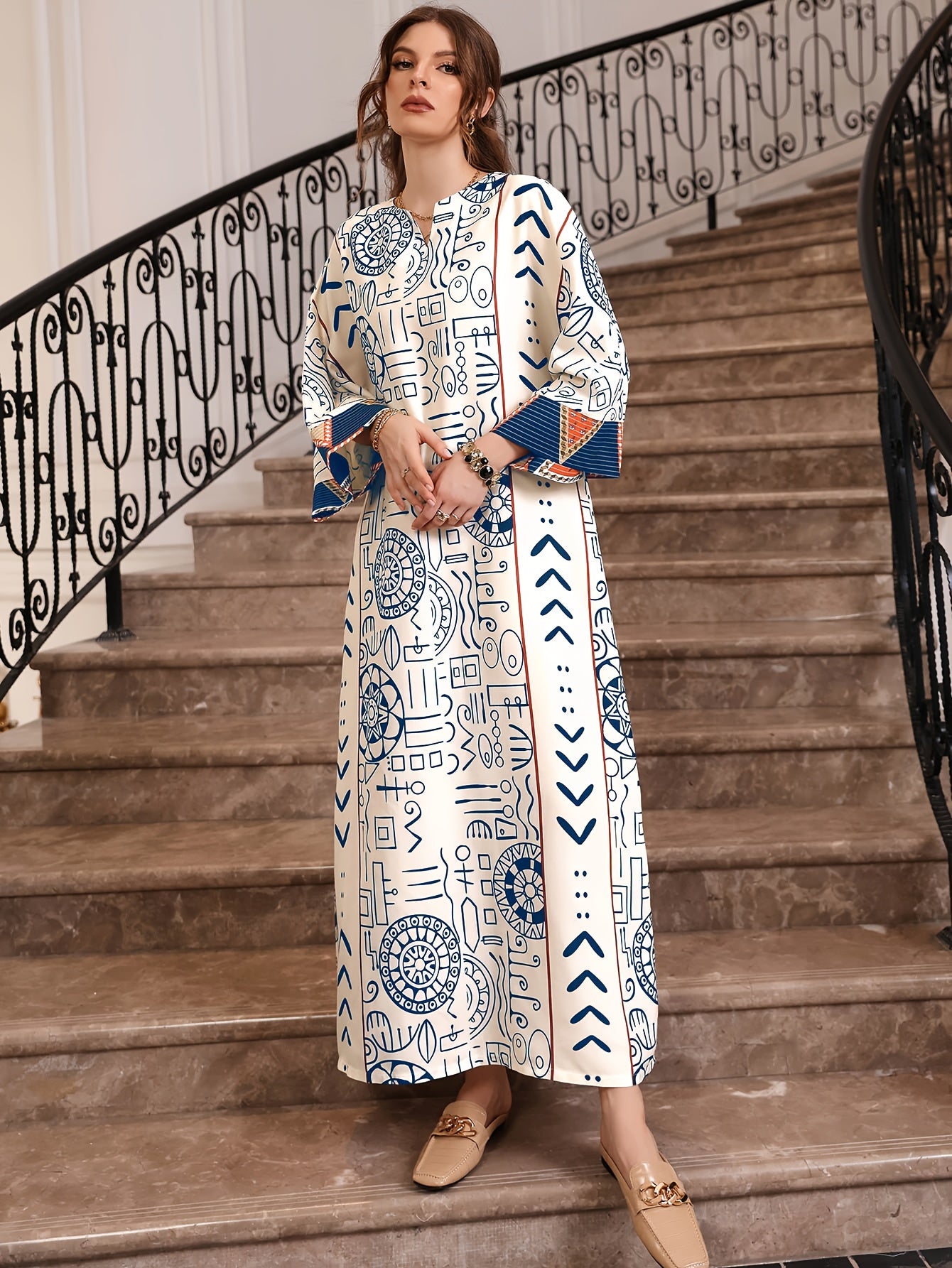 Allover Print Long Sleeve Kaftan Dress, /MH