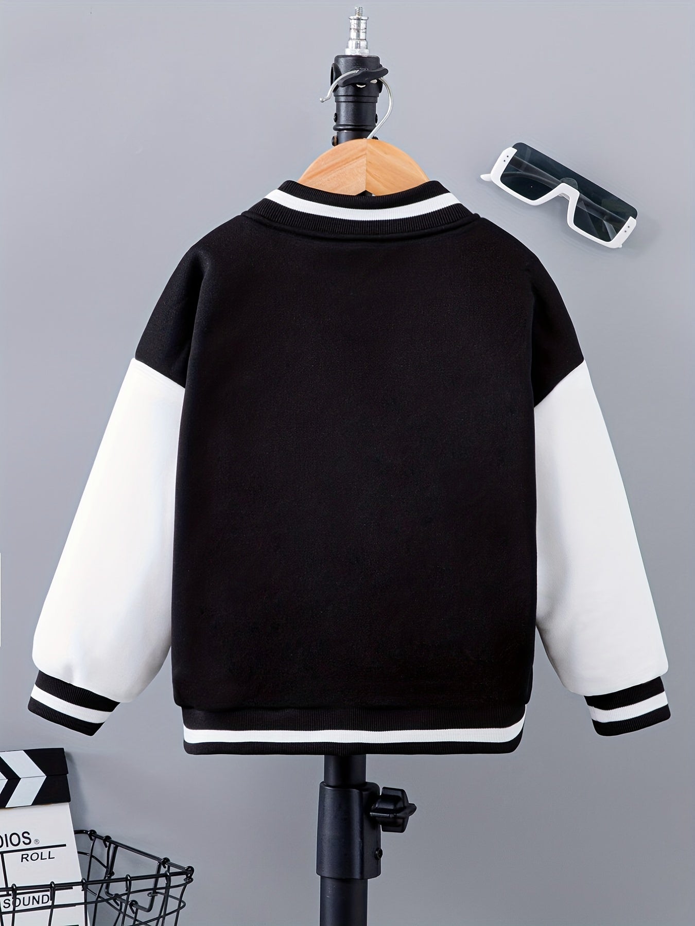 Letter Patched Kid's Baseball Jacket, Button Front Long Sleeve Top,