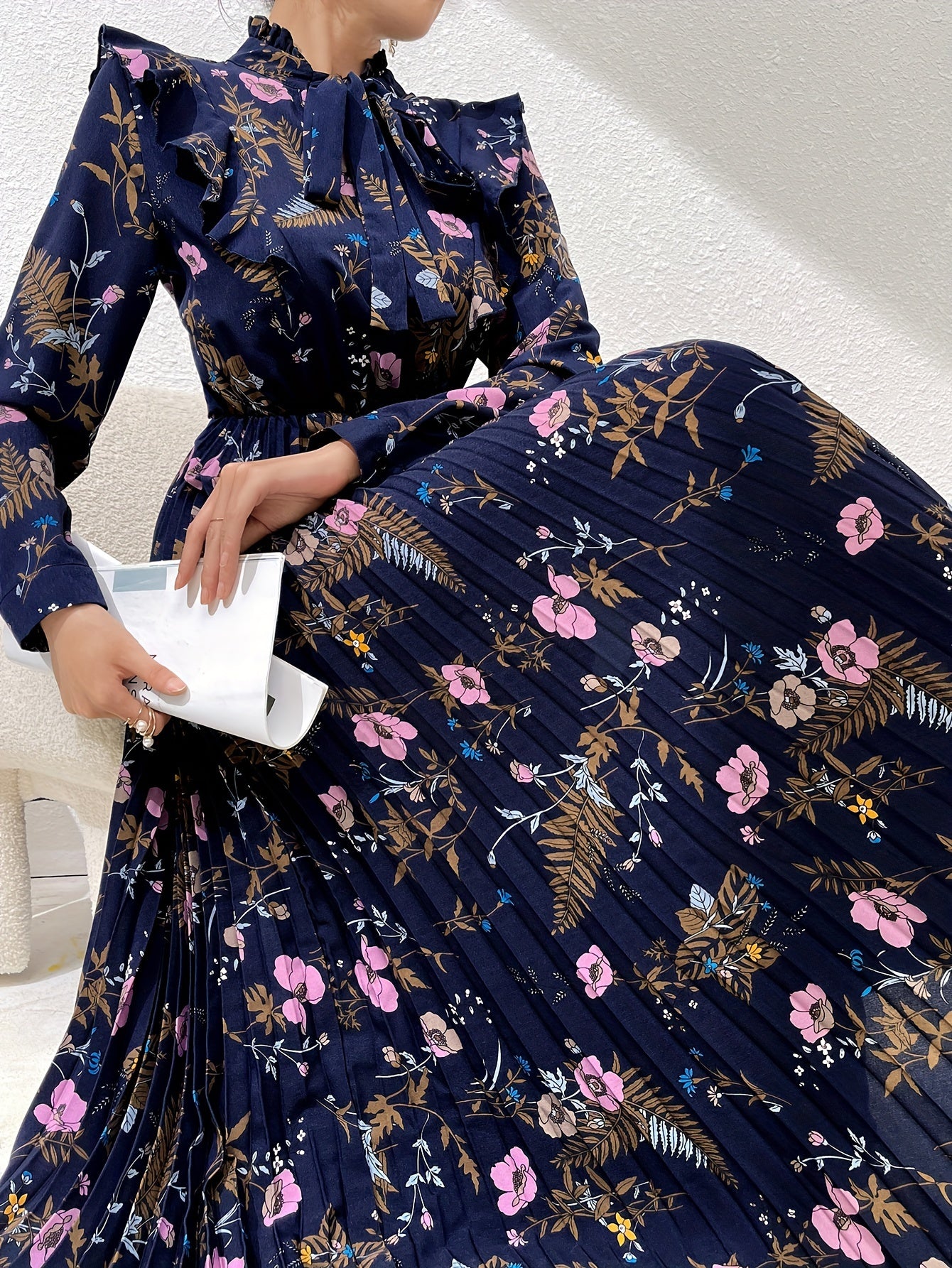 Floral Print Tie Neck Ruffle Trim Kaftan Dress, Elegant Long Sleeve '/MH