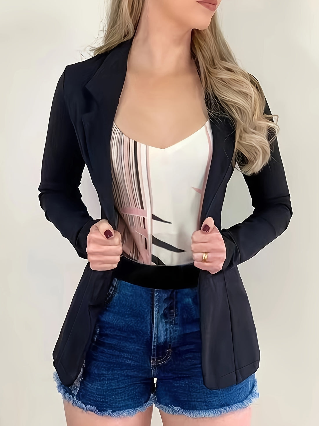 Solid Lapel Button Long Sleeve Blazer Jacket, Casual Loose .