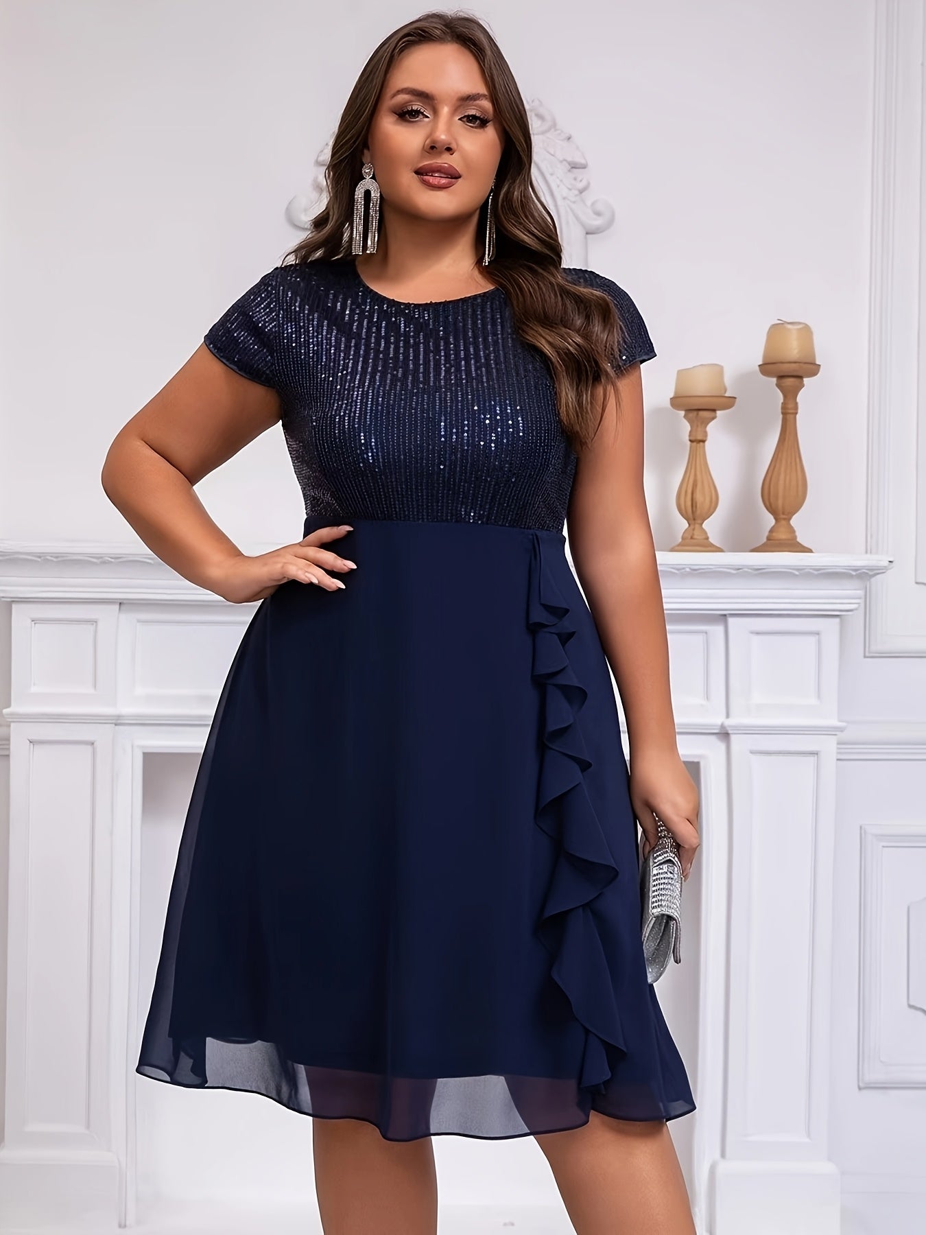 Women'S Plus-Size Chiffon Dress with Sequin Patchwork