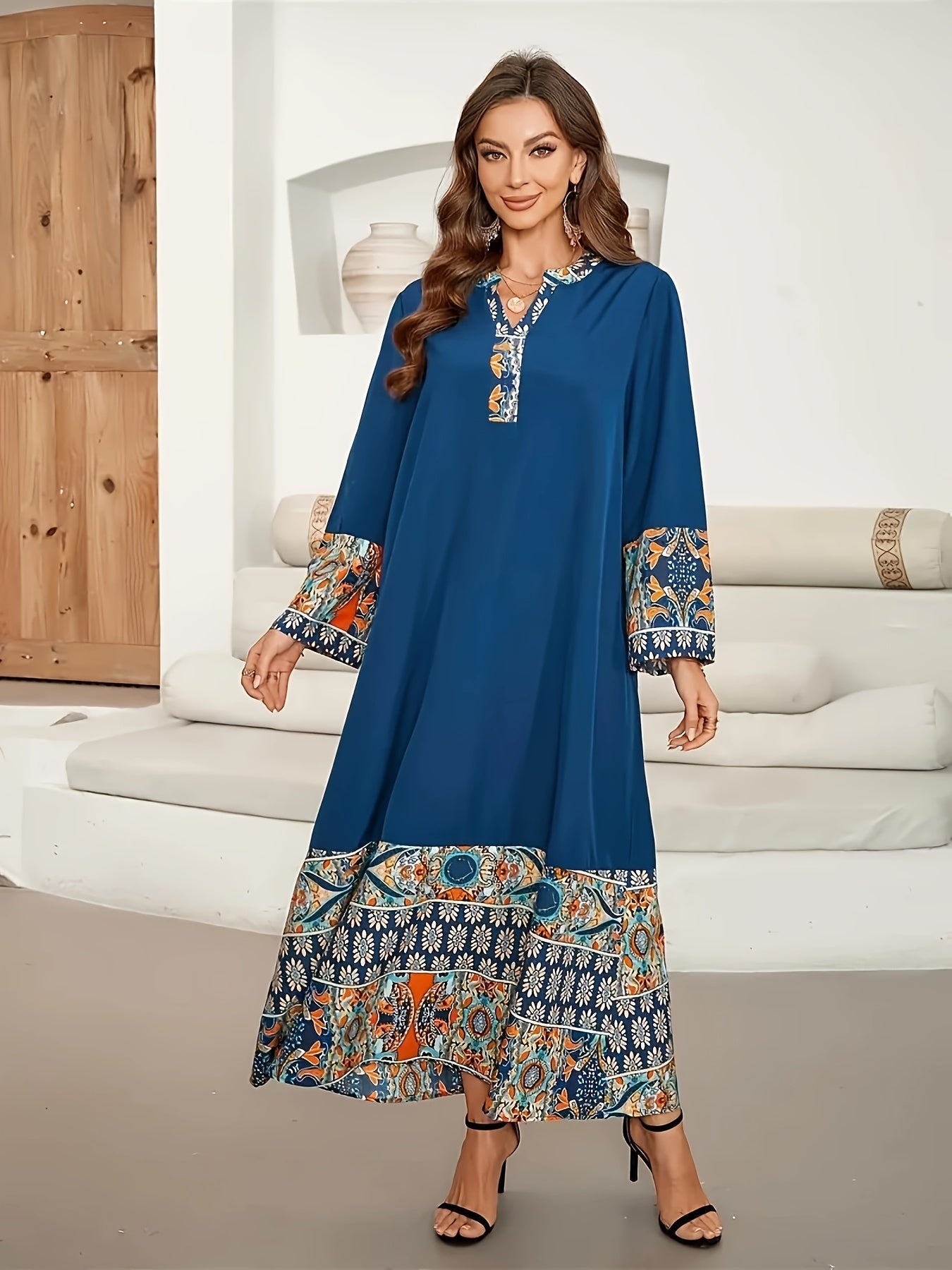 Paisley Print V-neck Kaftan Dress, Elegant Long Sleeve '/MH