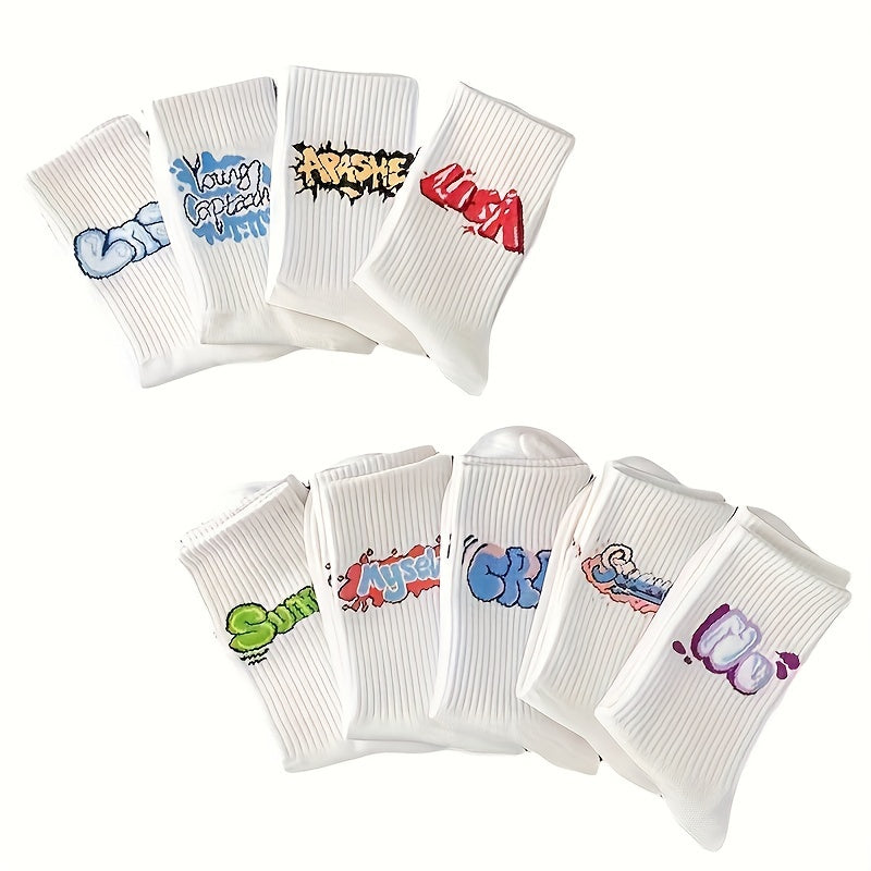 9 Pairs Of Men's Trendy Graffiti Pattern Crew Socks./MH