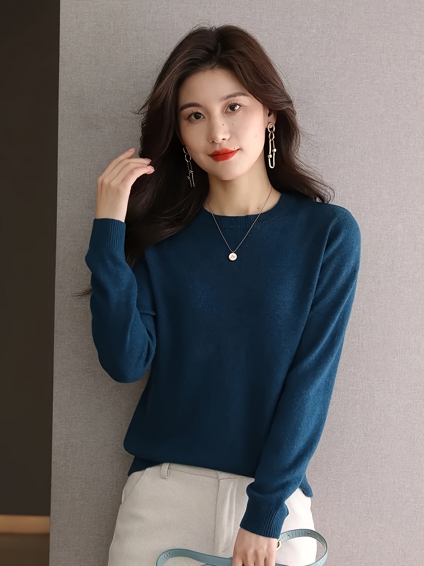1pc Women'S 100% Wool Crew Neck Long Sleeve Knit Sweater,