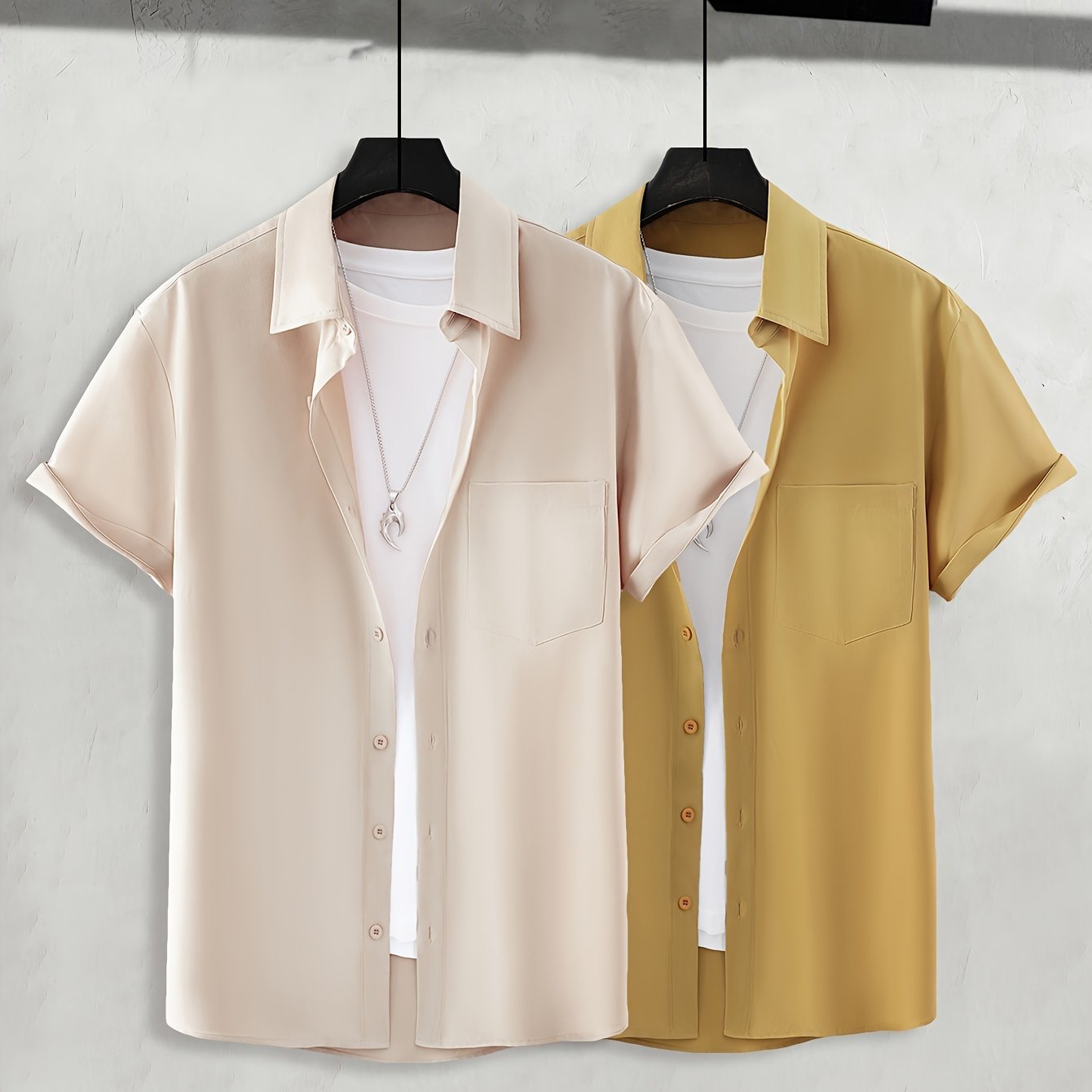 2pcs Plus Size Lapel Mens Solid Color Button Down Shirts, Top Blouse Shirts, Short Sleeve, Button Down Dress Shirts