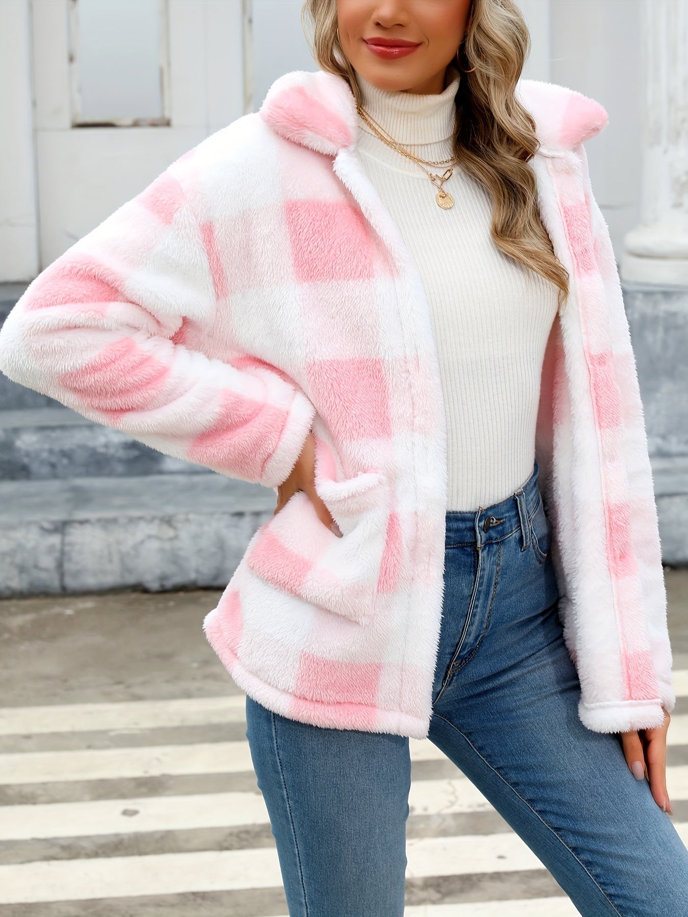 Long Sleeve Plaid Print Teddy Coat with Patched Pockets - Soft, Warm,
