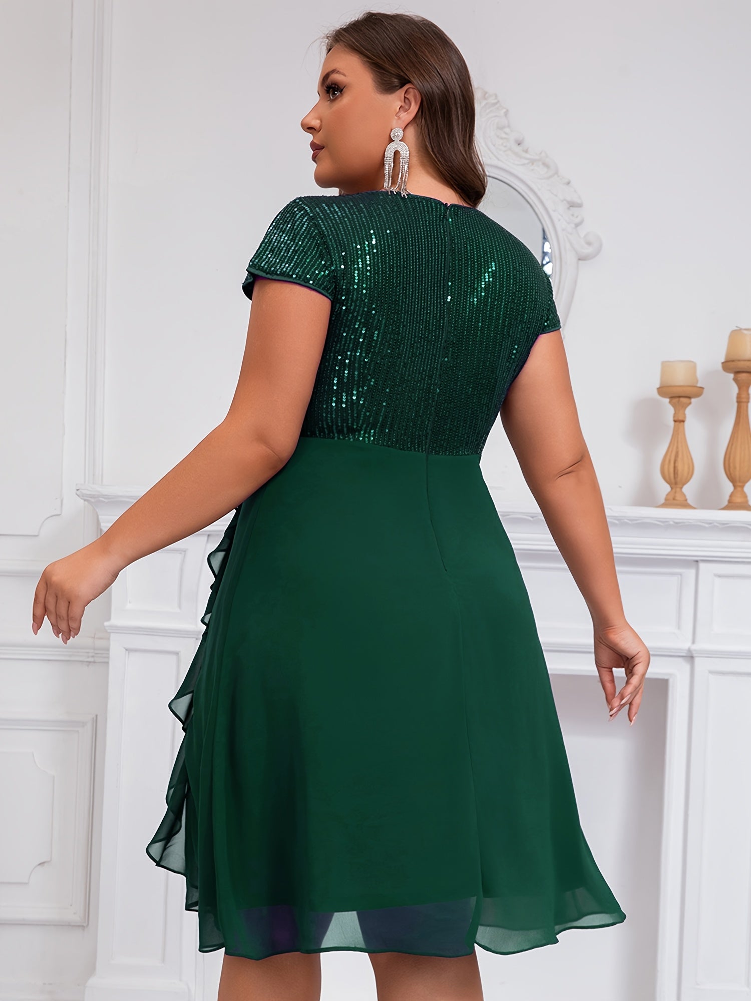 Women'S Plus-Size Chiffon Dress with Sequin Patchwork