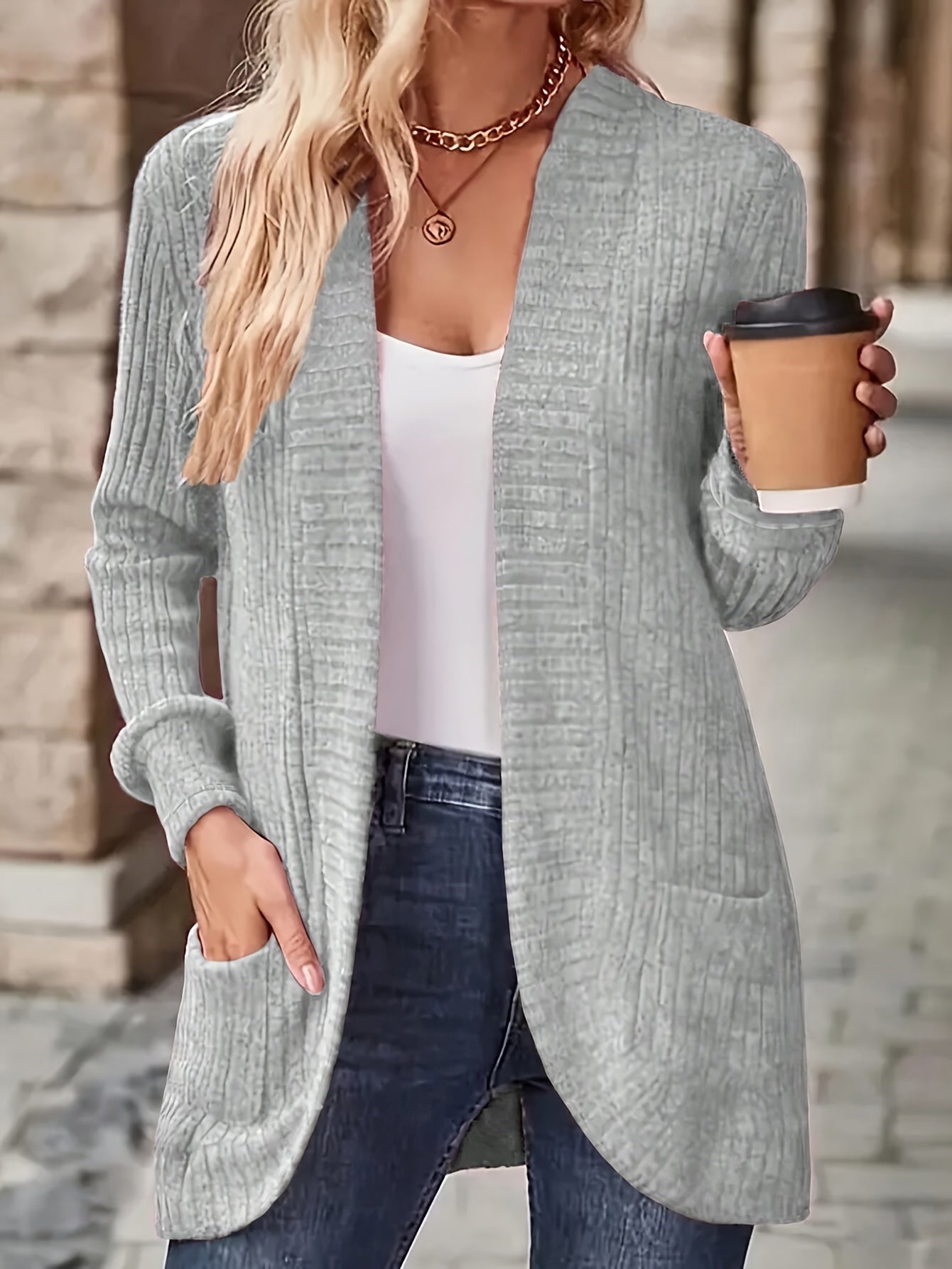 1pc Women'S Solid Color Polyester Cardigan Jacket with Pockets,